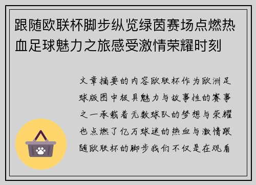 跟随欧联杯脚步纵览绿茵赛场点燃热血足球魅力之旅感受激情荣耀时刻